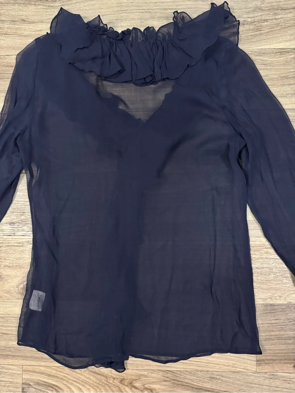 Tory Burch 100% Silk Sheer Ruffle-Trim Button Front Blouse in Navy Blue Size 8